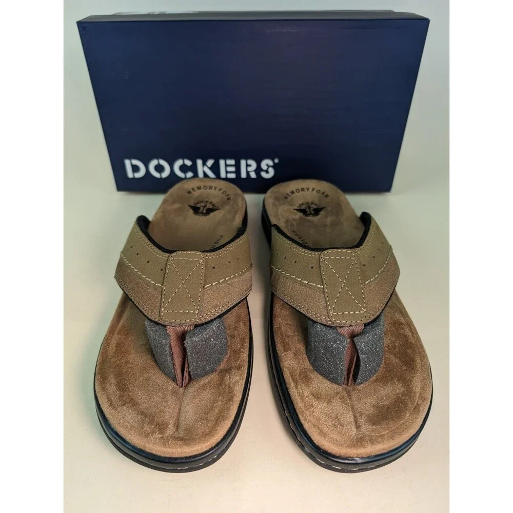 Dockers Sandals Mens 12 M Laguna Flip Flop Dark Tan Memory Foam Insole Shoes NEW - Picture 6 of 11